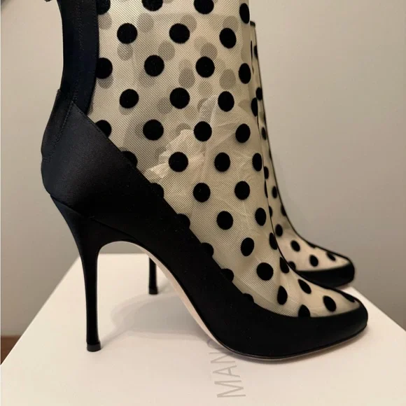 Manolo Blahnik Mukinka Ankle Boot | Black Polka Dot Mesh NEW Rare - Picture 3 of 9